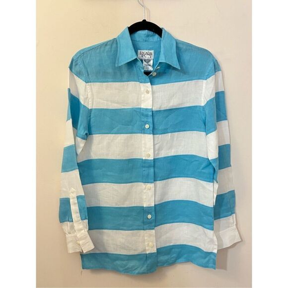 Escada Sport Aqua and White Striped Color Block Linen Button Down Blouse S - Picture 6 of 7